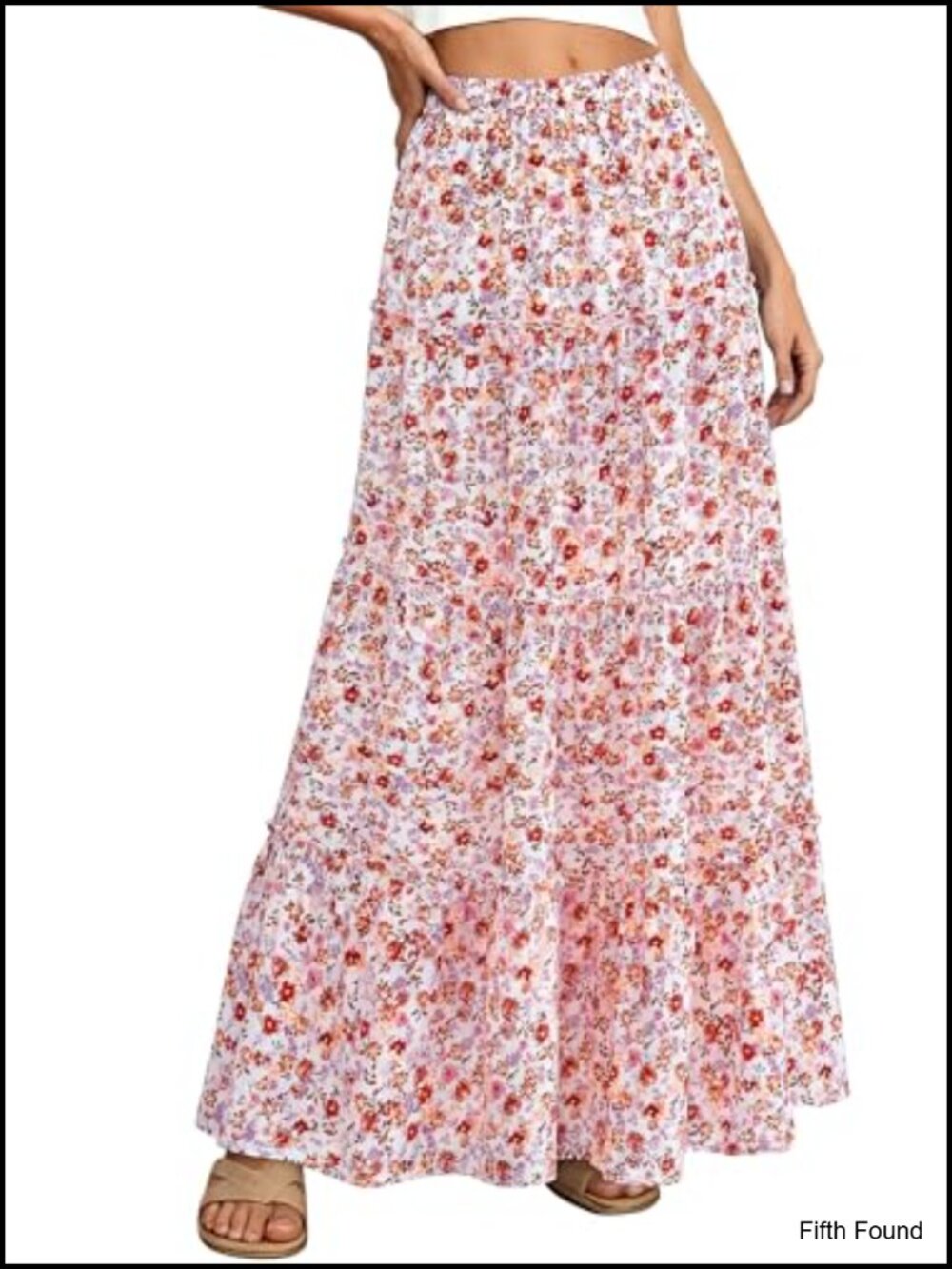 Floral Maxi Skirt Elastic Waist Tiered Flowy Beach Vacation Boho Long Skirt